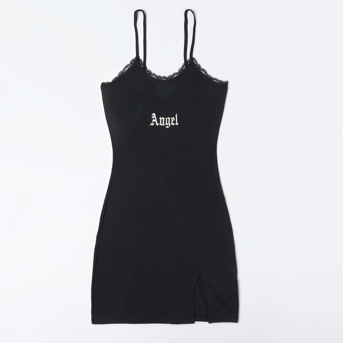 

Letter Embroidery Lace Trim Dress, Black