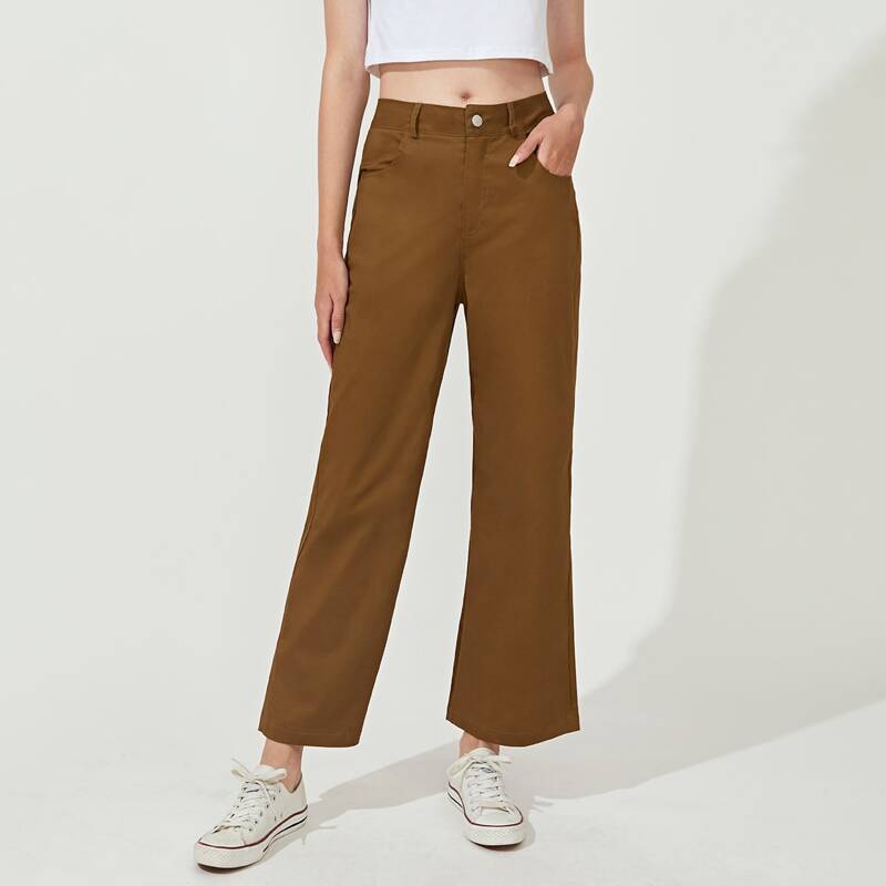 

Button Slant Pocket Straight Pants, Brown