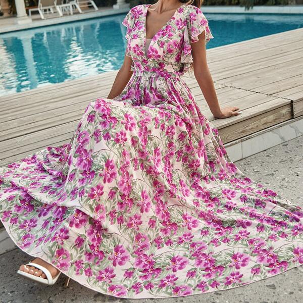 

Floral Print Butterfly Sleeve Maxi A-line Dress, Multicolor