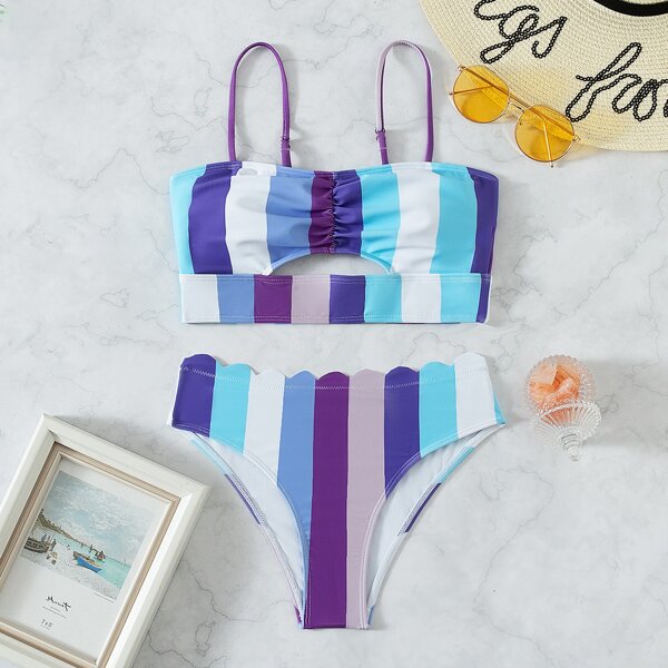 

Striped Scallop Trim Bikini Swimsuit, Multicolor