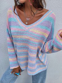 Drop Shoulder Rainbow Striped Jumper - Multicolor - View 1