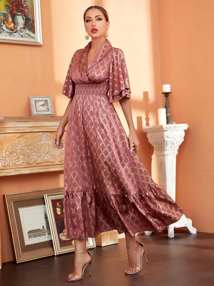 Gold Plaid Print Shawl Collar Shirred Waist A-line Dress