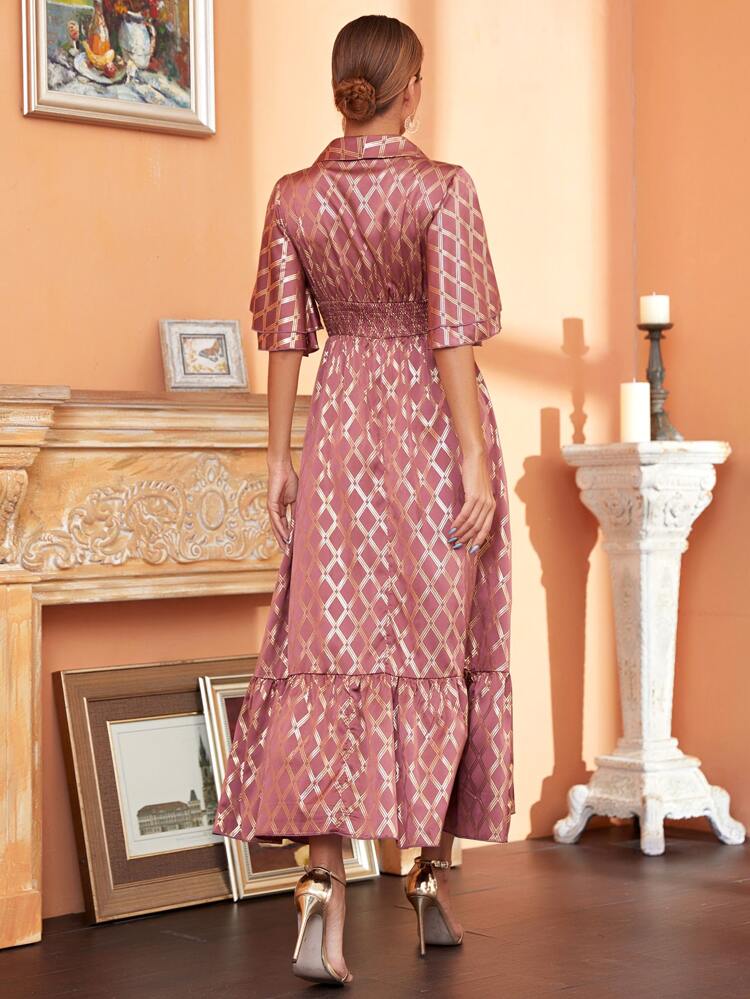 Gold Plaid Print Shawl Collar Shirred Waist A-line Dress