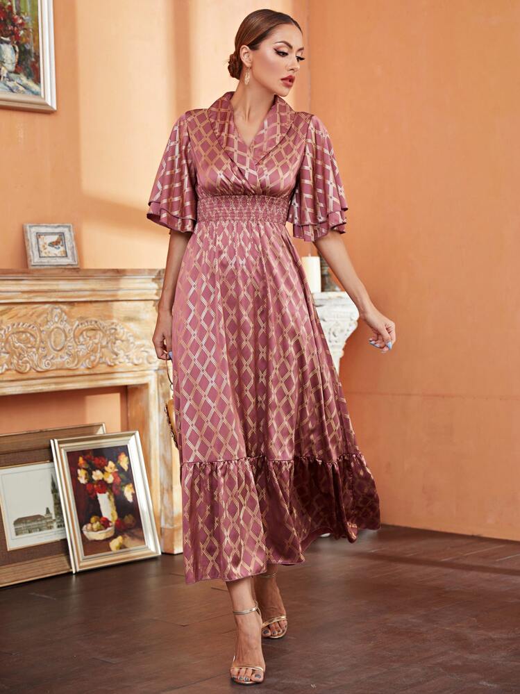 Modelyn Vestido línea A dorado con estampado de rombo de cuello esmoquin de cintura fruncido - Rosa - Añade 4