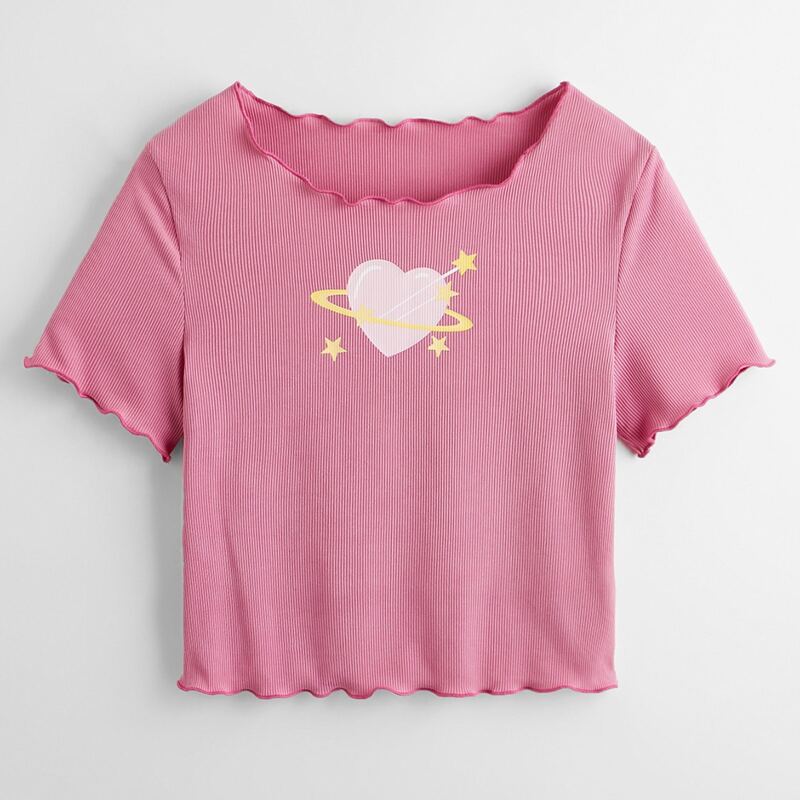 

Heart Graphic Lettuce Trim Ribbed Tee, Pink
