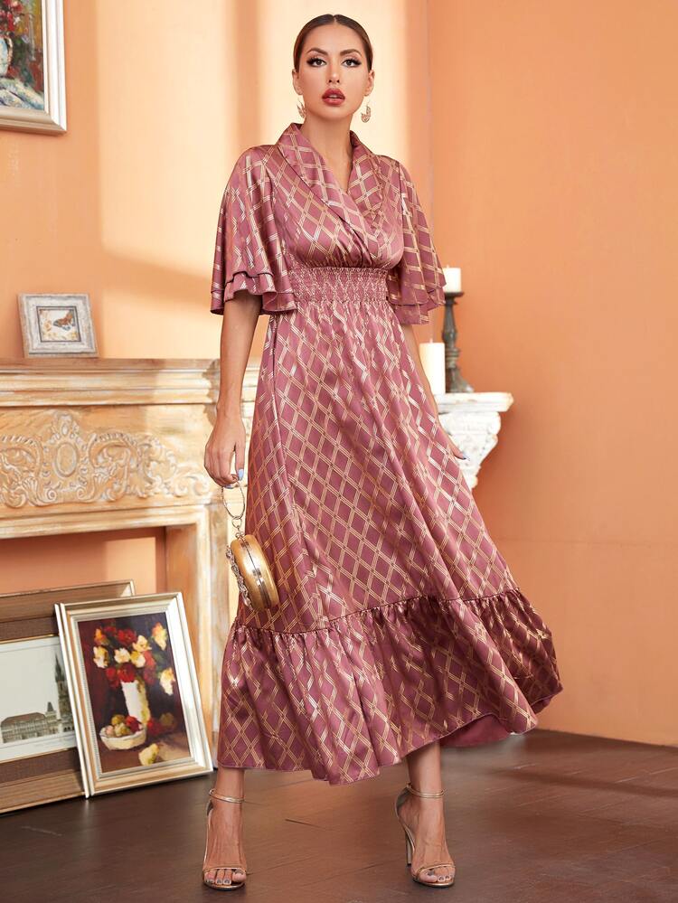 Gold Plaid Print Shawl Collar Shirred Waist A-line Dress