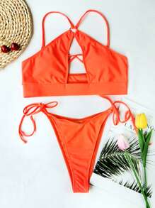 Ring Linked High Cut Bikini Set, For Summer Beach Vacation - Orange - View 3