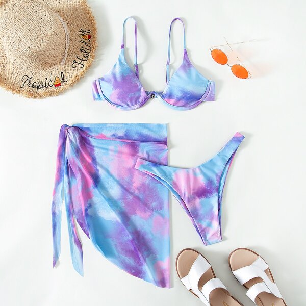 

3pack Tie Dye Underwire Bikini Swimsuit & Beach Skirt, Multicolor