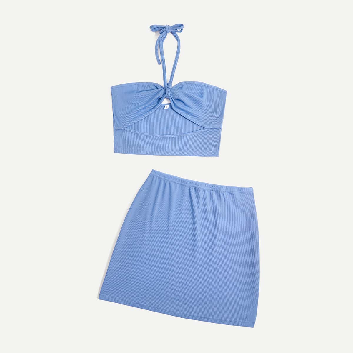 

Solid Cut Out Halter Top & Skirt, Blue