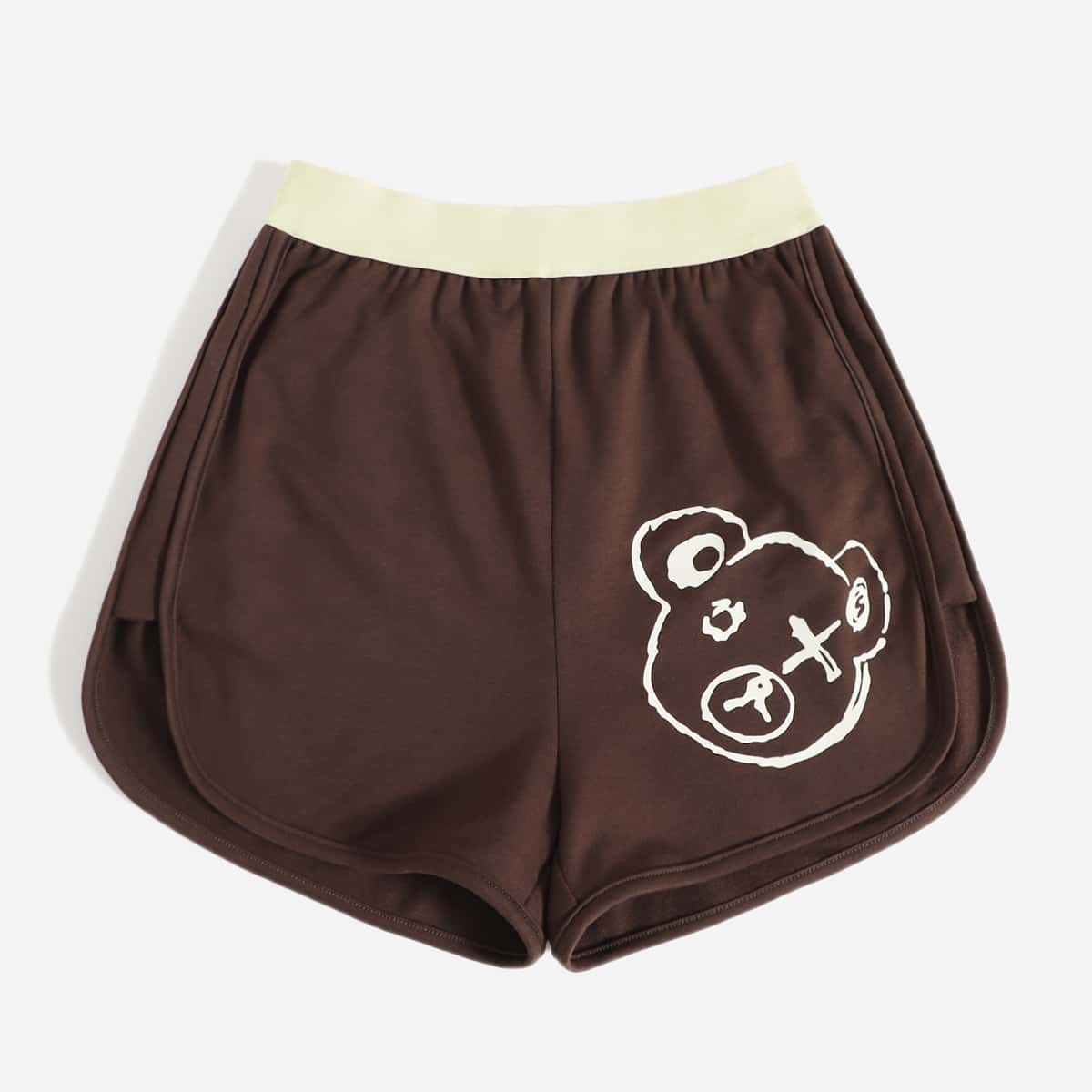 

Cartoon Bear Graphic Dolphin Shorts, Chocolate brown
