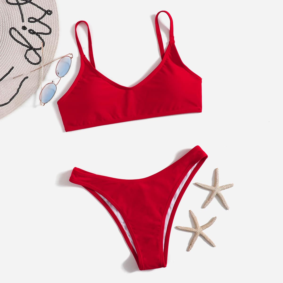 

Simple Solid Bikini Swimsuit, Red