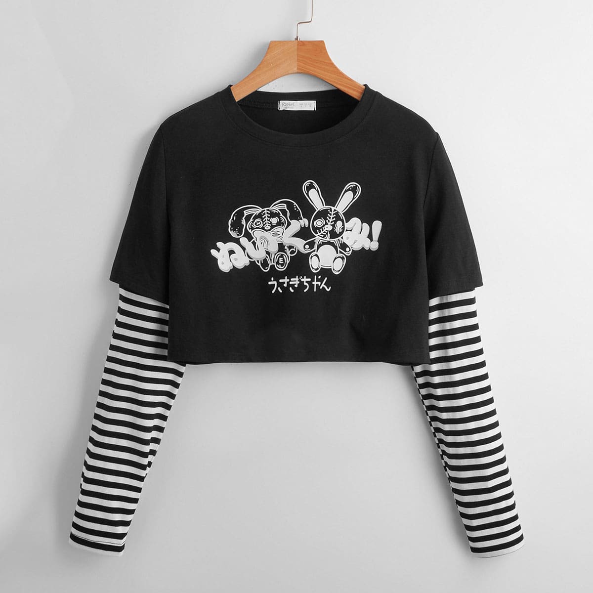 

2 In 1 Striped Sleeve Letter Cartoon Graphic Crop Tee, Black and white