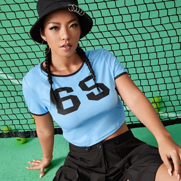 

Plus Number Print Contrast Binding Crop Tee, Baby blue