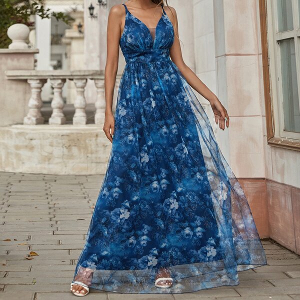 

Contrast Mesh Floral Print Cami Bridesmaid Dress, Blue