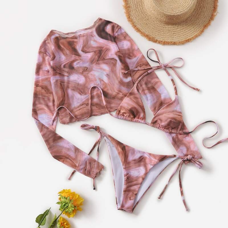 

3pack Graphic Bikini Swimsuit With Beach Skirt, Multicolor