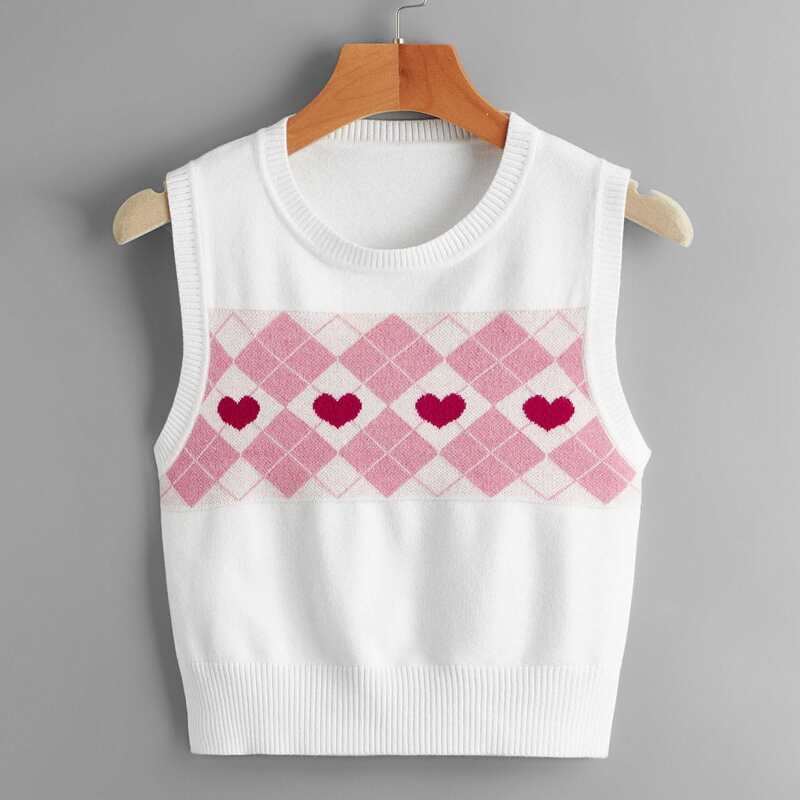 

Heart Argyle Pattern Sweater Vest, White