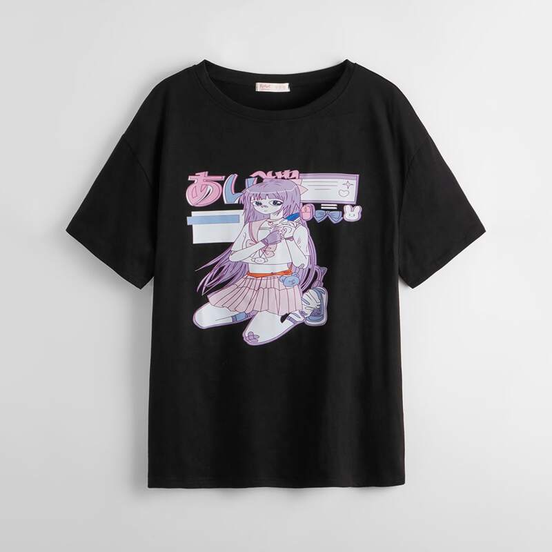 

Cartoon Figure Graphic Tee, Black
