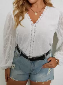Plus Solid Contrast Lace Puff Sleeve Blouse - White - View 1