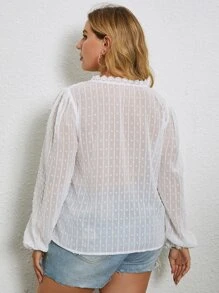 Plus Solid Contrast Lace Puff Sleeve Blouse - White - View 2