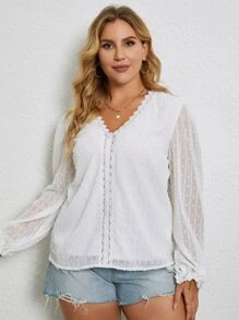 Plus Solid Contrast Lace Puff Sleeve Blouse - White - View 5