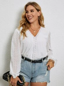 Plus Solid Contrast Lace Puff Sleeve Blouse - White - View 8