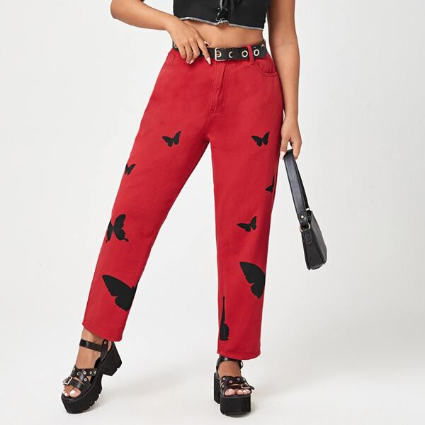 

Plus Butterfly Print Mom Jeans Without Belt, Burgundy