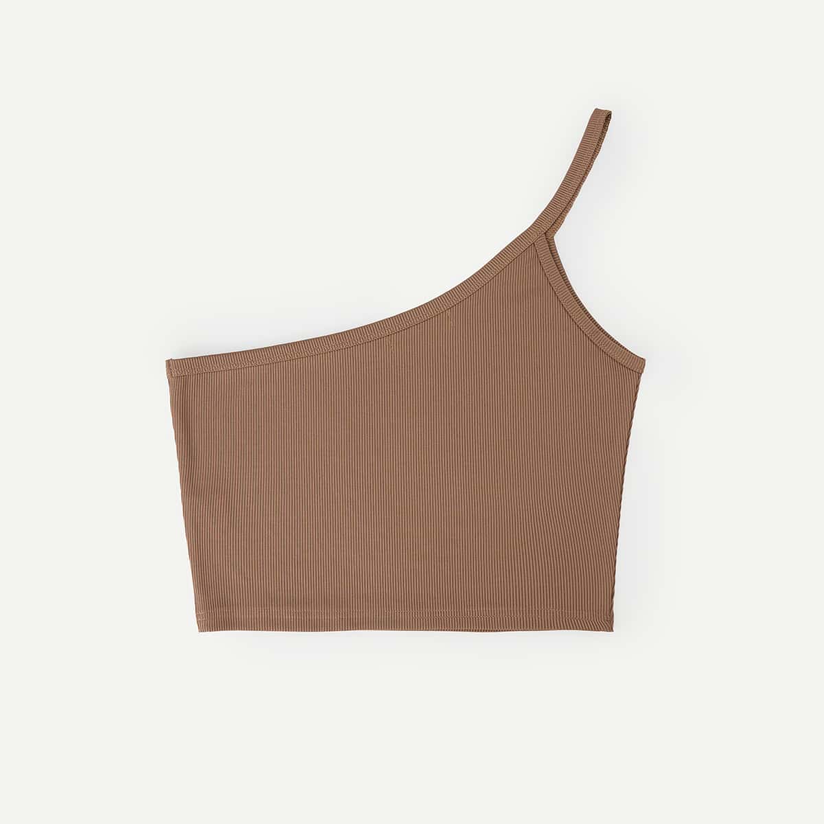 

Solid One Shoulder Ribbed Crop Top, Khaki