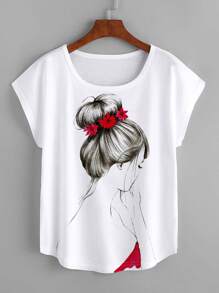 SHEIN LUNE Camiseta con estampado de figura de manga murciélago - Blanco - Ver 1