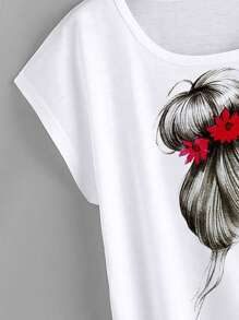 SHEIN LUNE Camiseta con estampado de figura de manga murciélago - Blanco - Ver 3