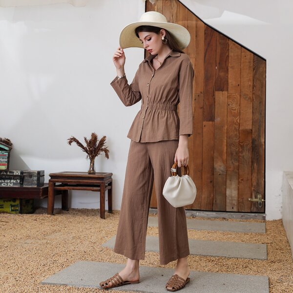 

Solid Button Front Blouse & Pant, Coffee brown