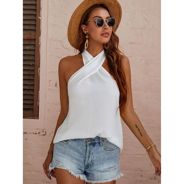 

Solid Crisscross Halter Top, White