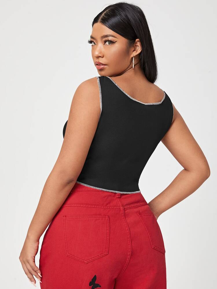 Áo hai dây Plus Size Ren lên Gân đan Giải trí - màu đen - Xem 2