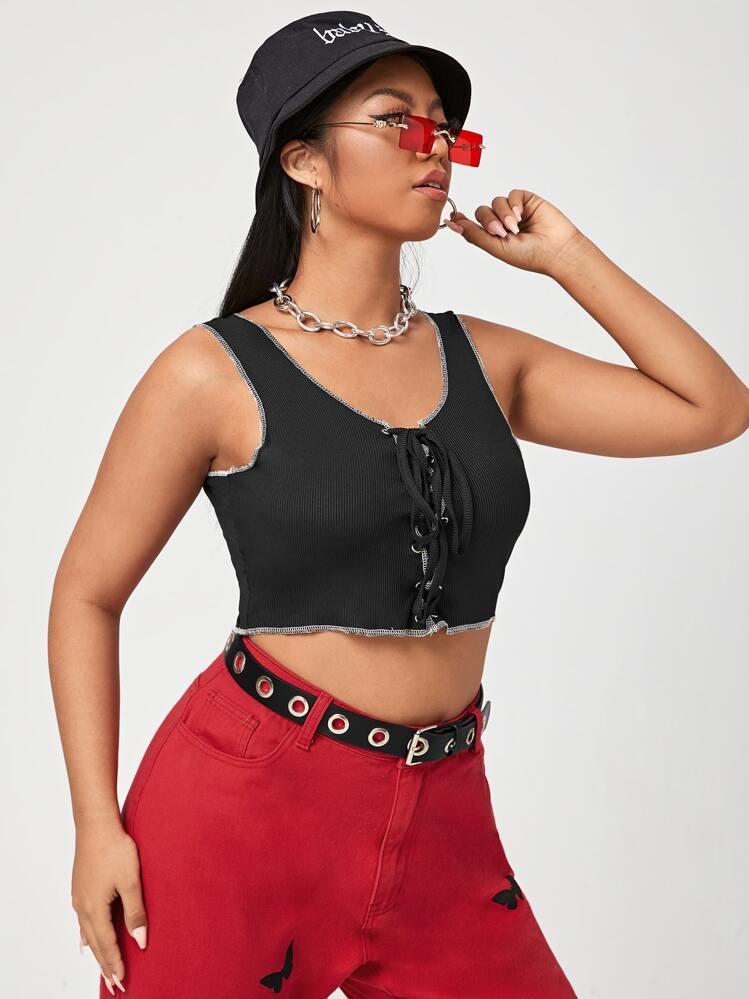 Áo hai dây Plus Size Ren lên Gân đan Giải trí - màu đen - Xem 1