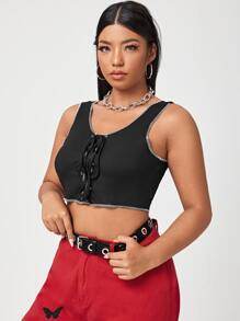 Plus Topstitching Lace-up Crop Tank Top - Black - View 5
