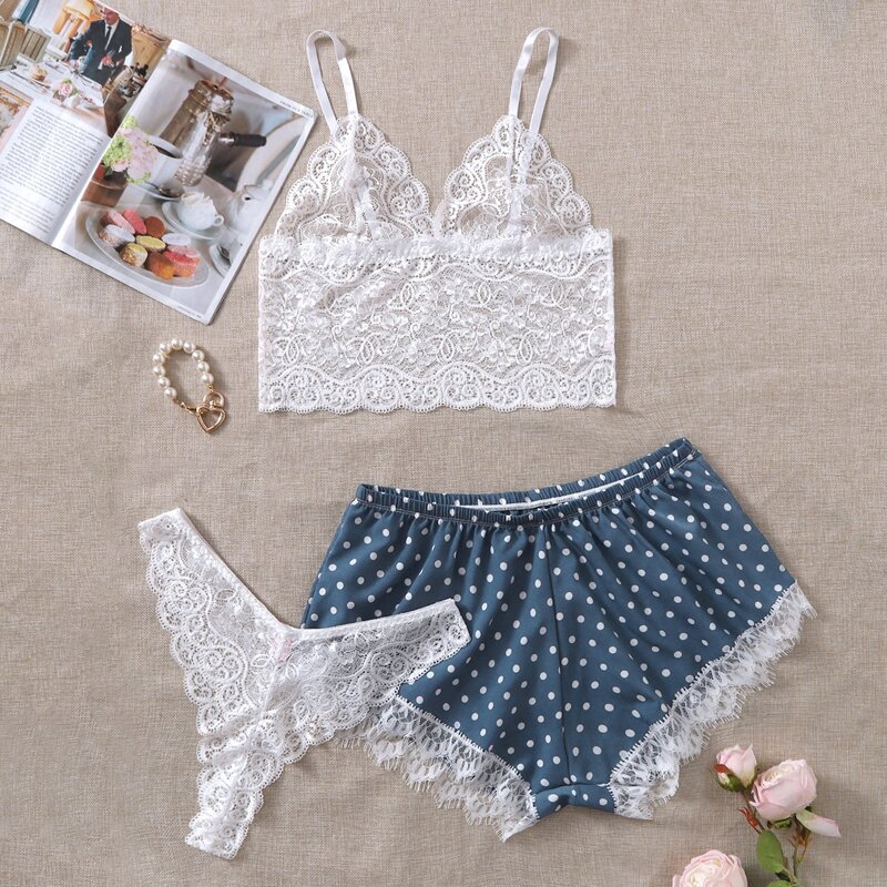 

3pack Plus Floral Lace Lingerie Set With Satin Shorts, Blue and white