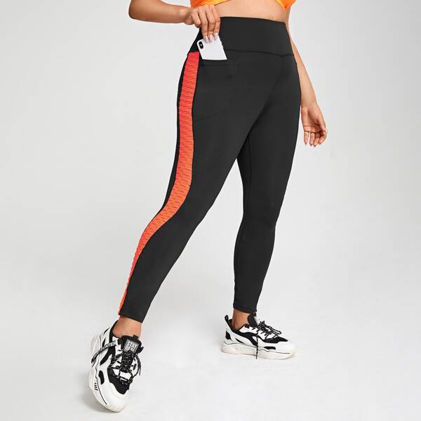 

Plus Colorblock Honeycomb Textured Sports Leggings With Phone Pocket, Black