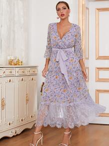 Modelyn All Over Print Belted A-line Dress - Purple - View 1