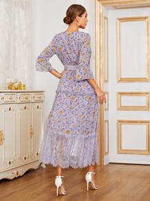 Modelyn All Over Print Belted A-line Dress - Purple - View 2