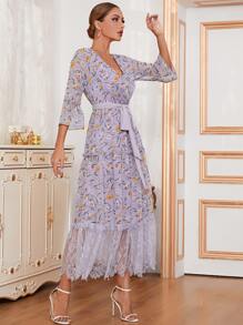 Modelyn All Over Print Belted A-line Dress - Purple - View 3