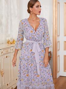 Modelyn All Over Print Belted A-line Dress - Purple - View 4