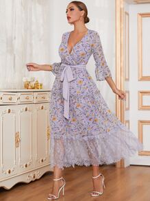 Modelyn All Over Print Belted A-line Dress - Purple - View 5