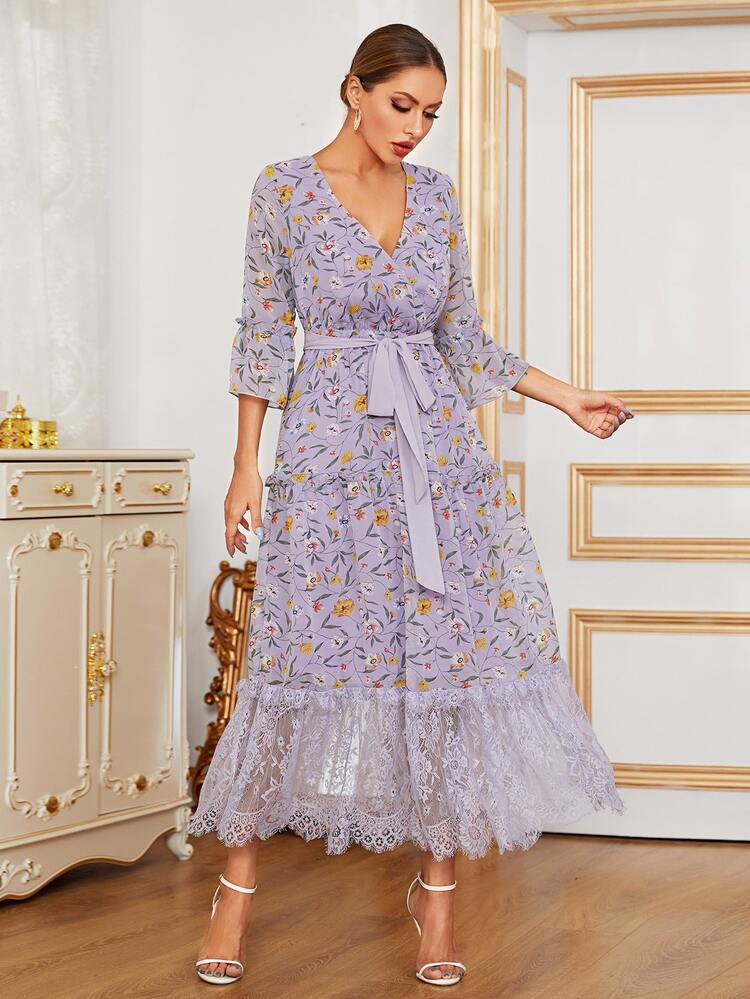 Modelyn All Over Print Belted A-line Dress - Purple - View 6