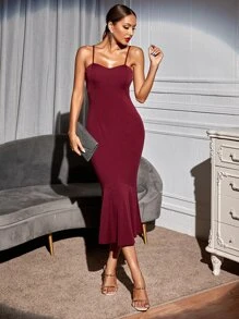 Allurite Đầm Lộ Lưng Viên lá sen màu trơn Gợi cảm - Màu Đỏ Sâu - Xem 3