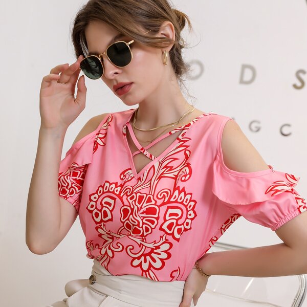 

Criss Cross Plants Print Blouses, Pink