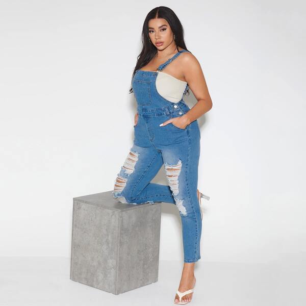 

Plus Ripped Pocket Front Denim Overalls, Medium wash