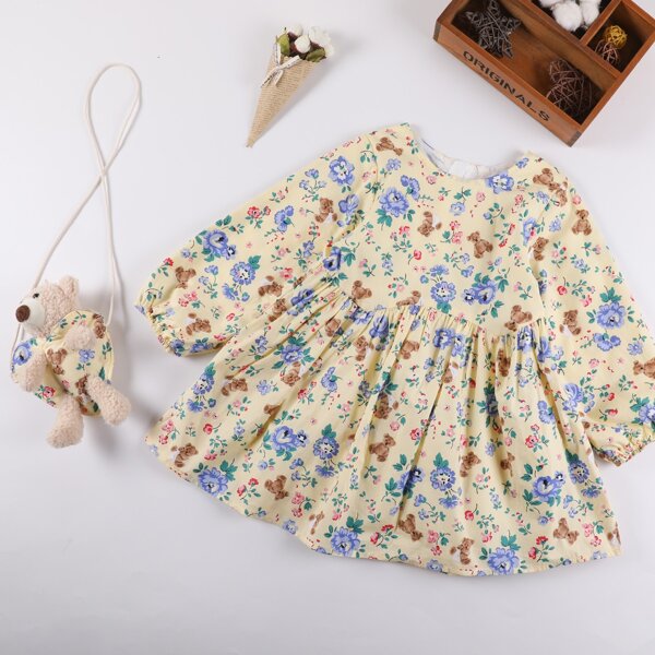 

Toddler Girls Floral And Bear Print Babydoll Dress With Bag, Multicolor