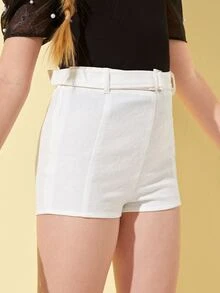 SHEIN Girls Buckle Belted Shorts - Beige - View 5