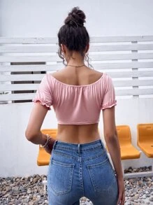 SHEIN Unity Puff Sleeve Tie Front Crop Top - Pink - View 2