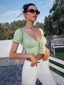 SHEIN Unity เสื้อชายระบาย แขนพอง สีล้วน - สีเขียวมิ้นท์ - ดู 4