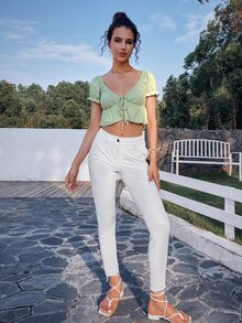 SHEIN Unity เสื้อชายระบาย แขนพอง สีล้วน - สีเขียวมิ้นท์ - ดู 5